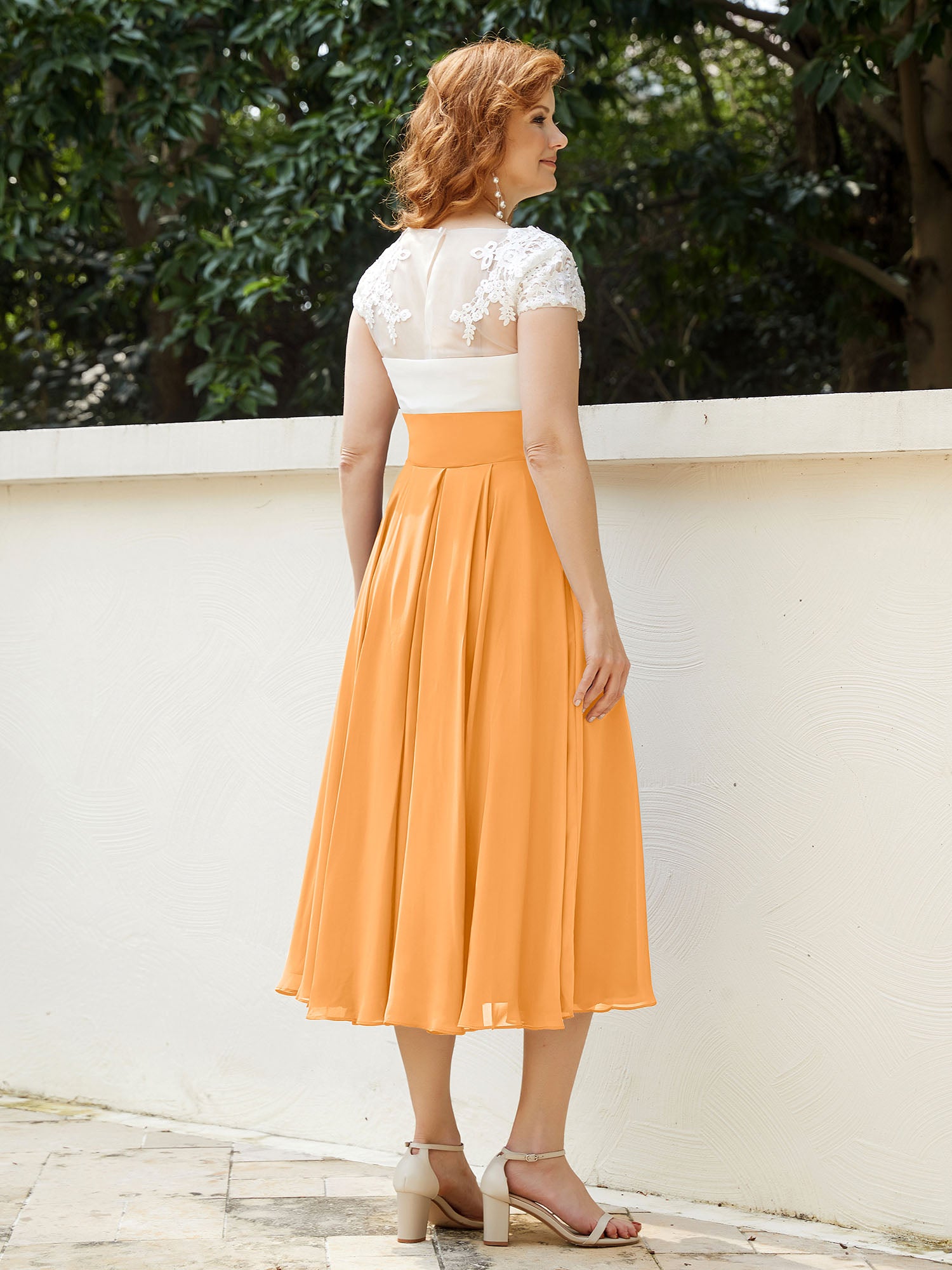 Cap Sleeves Chiffon Dresses with Ivory Bodice Tangerine
